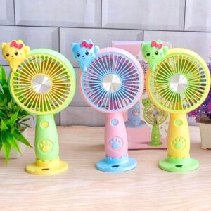 Cute Cartoon Theme USB Rechargeable Hand Fan for Kids | with USB Cable & Mobile Stand | 19 Cm | Assorted Colors | Box Packing