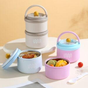 Stainless Steel Lunch Box with Foldable Spoon & Handle | 2 Layer | Double Wall Insulation | Round Portable | Leakproof | 1620 ML | Assorted Colors | Box Packing