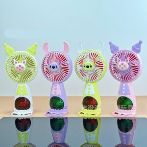 Cute Kawaii Theme Kids USB Hand Fan with Mobile Stand & Light | Compact & Portable | 21 Cm | Assorted Colors | Box Packing