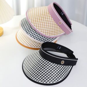 Classic Houndstooth Pattern Summer Cap with Adjustable Strap | Big Size | Wide Brim | Sun Protection | Assorted Colors | OPP Packing