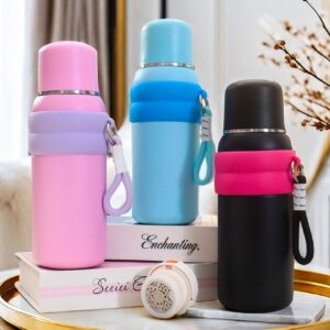 There variations of the 800ml insulated stainless steel sport sipper water bottle in pink, light blue, and matte black with matching wrist straps