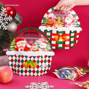 Basket Shape Printed Christmas Candy Bag with Handle | 25*25 Cm | Gift Bag | Assorted Colors | OPP Packing