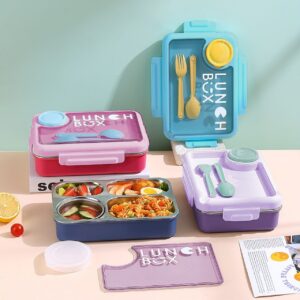 Stainless Steel Insulated Bento Lunch Box with Sauce Bowl & Cutlery Set | 900+150 ML | 4 Compartment | Assorted Colors | Box Packing