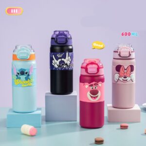 Stainless Steel Disney Sipper with Silicone Sleeves | Double wall Insulation | Push Lock Button | Portable & Leakproof | 600 ML | Assorted Colors | Box Packing