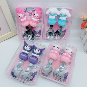 Stainless Steel Kawaii Spoon & Fork Set for Kids | Cute Cartoon Printed | Soft Grip Handle | 2 Piece Set | Assorted Colors | Plastic Box Packing
