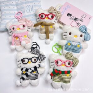 Cute Hello Kitty Plaid Scarf Sunglasses Wearing Plushies with Metal Clasp | Plush Toy Keyring Cum Bag Charm | 10 CM | Assorted Colors | Loose Packing