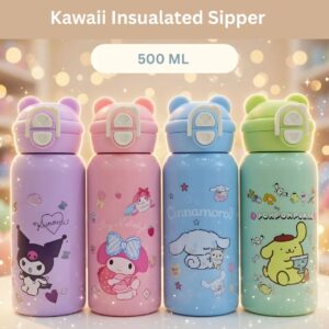 Stainless Steel Kawaii Insulated Sipper | Cartoon Printed | Double wall Insulated | Dual Sipper Design | Leakproof | 500 ML | Assorted Colors | Box Packing