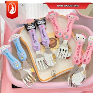 Stainless Steel Kawaii Spoon & Fork Set | Cartoon Printed | Soft Grip Handle | Gift Set | 2 Pcs Set | Assorted Colors | Plastic Box Packing